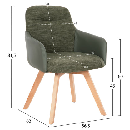 Dining Armchair Dew Hm9848.05 Fabric & Pu In Green-beech Wood Legs 56,5x62x81,5hcm.