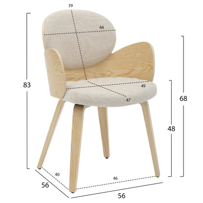 Dining Armchair Darnell Hm9974.01 Plywood In Oak Color-ecru Fabric 56x56x83hcm.