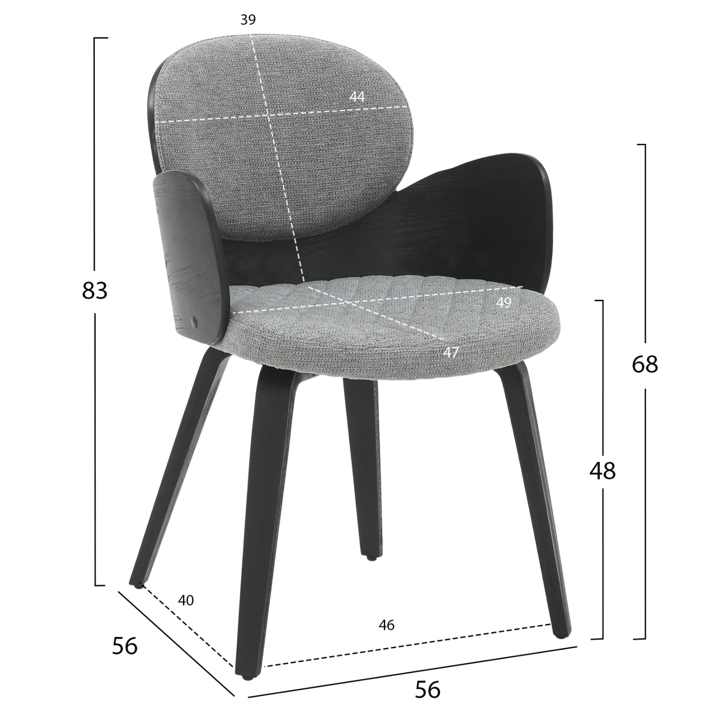 Dining Armchair Darnell Hm9974.02 Plywood In Black Color-grey Fabric 56x56x83hcm.