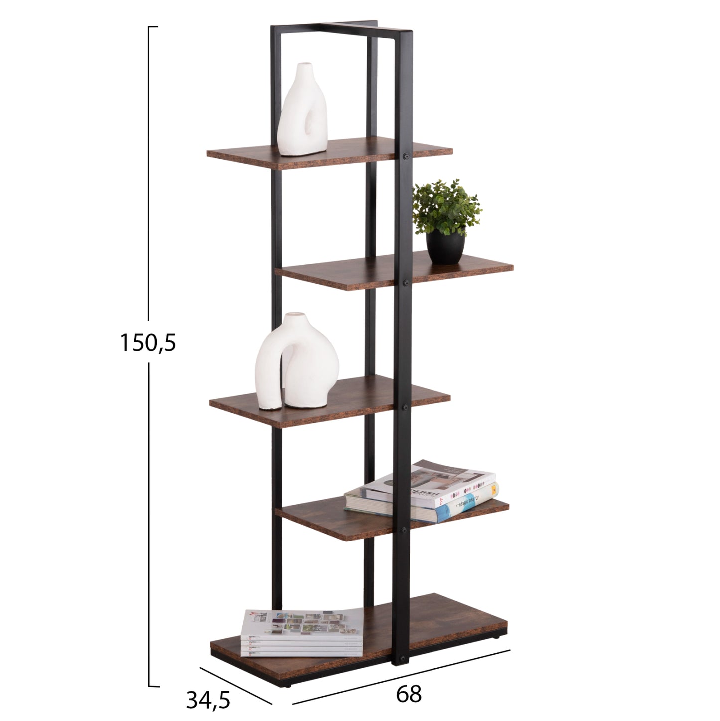 Rack Omni Hm18074.04 Black Metal Frame-melamine In Walnut 68x34.5x150.5hcm.