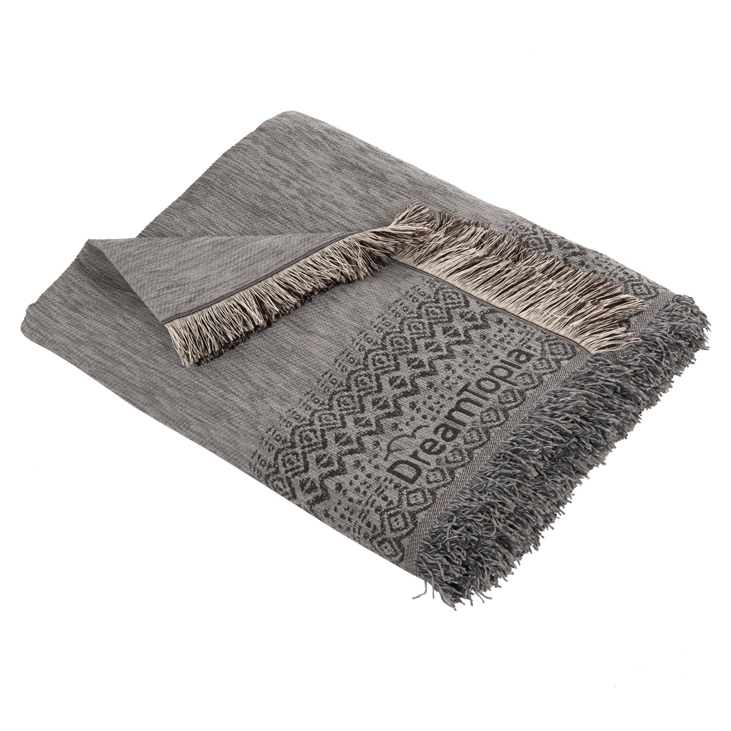 Sofa Cover-throw With Fringes Dreamtopia Hm12163.06 In Grey Color 245x170cm.