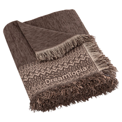 Sofa Cover-throw With Fringes Dreamtopia Hm12163.08 In Brown Color 245x170cm.