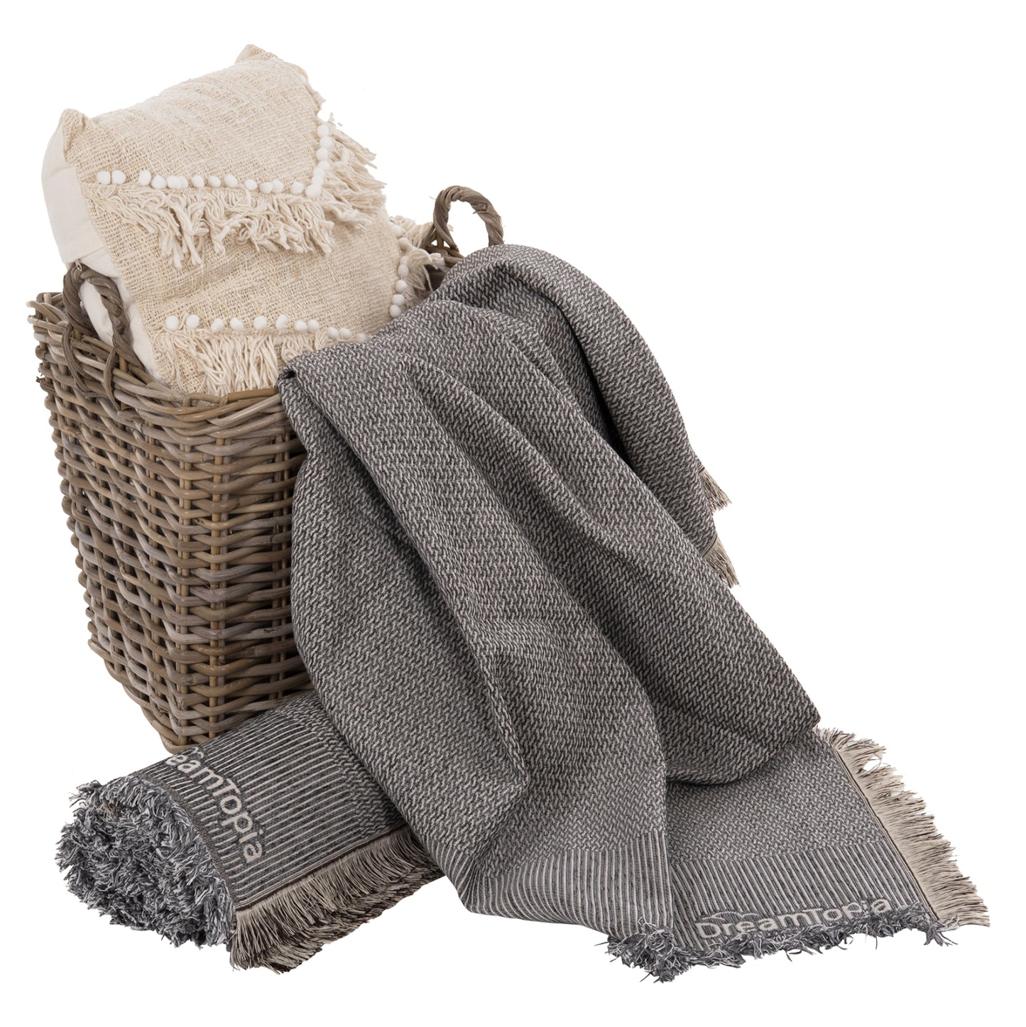 Sofa Cover-throw With Fringes Dreamtopia Hm12164.02 In Dark Grey Color 178x178cm.