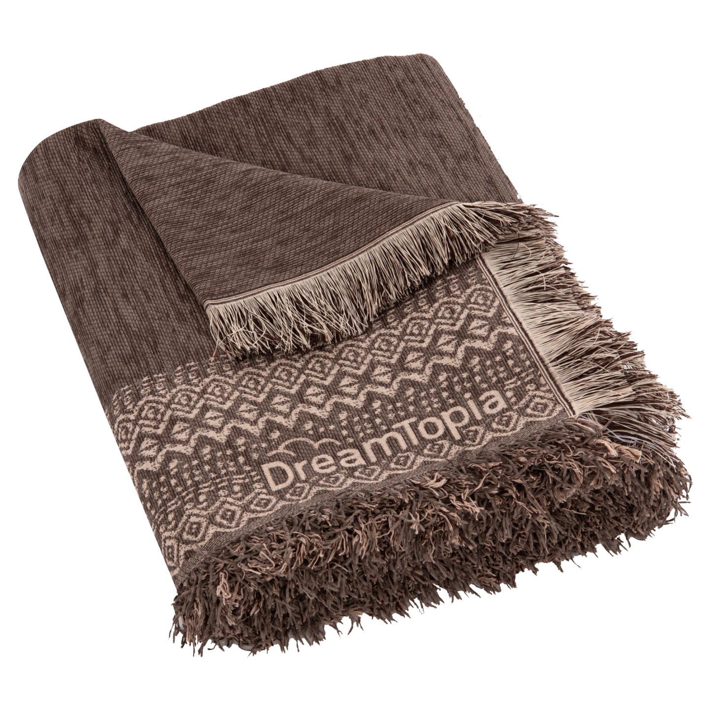 Sofa Cover-throw With Fringes Dreamtopia Hm12164.04 In Brown Color 178x178cm.