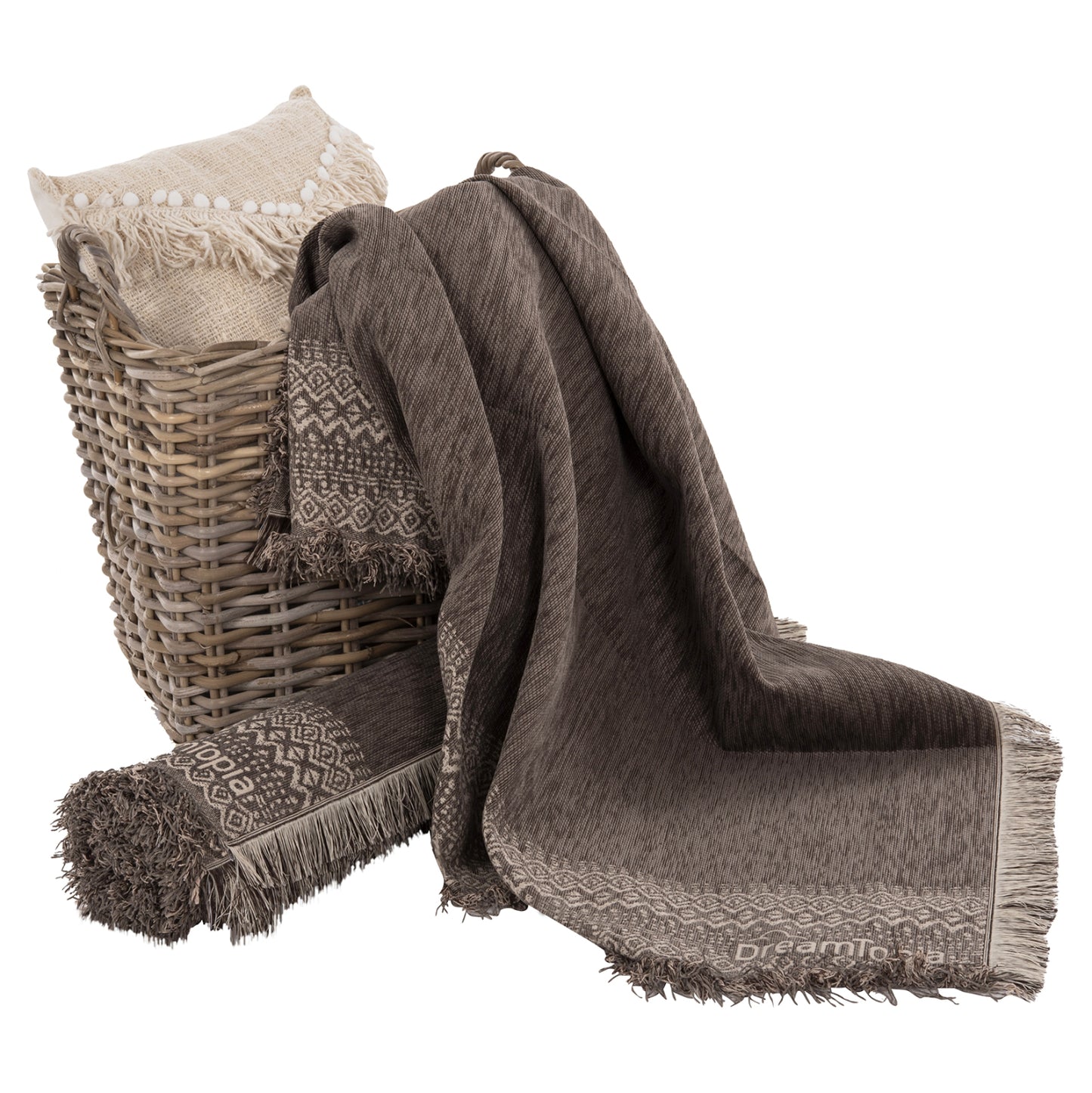 Sofa Cover-throw With Fringes Dreamtopia Hm12164.04 In Brown Color 178x178cm.
