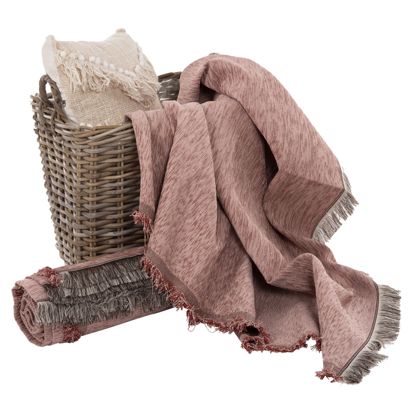 Sofa Cover-throw With Fringes Dreamtopia Hm12164.11 In Dusty Pink Color 178x178cm.