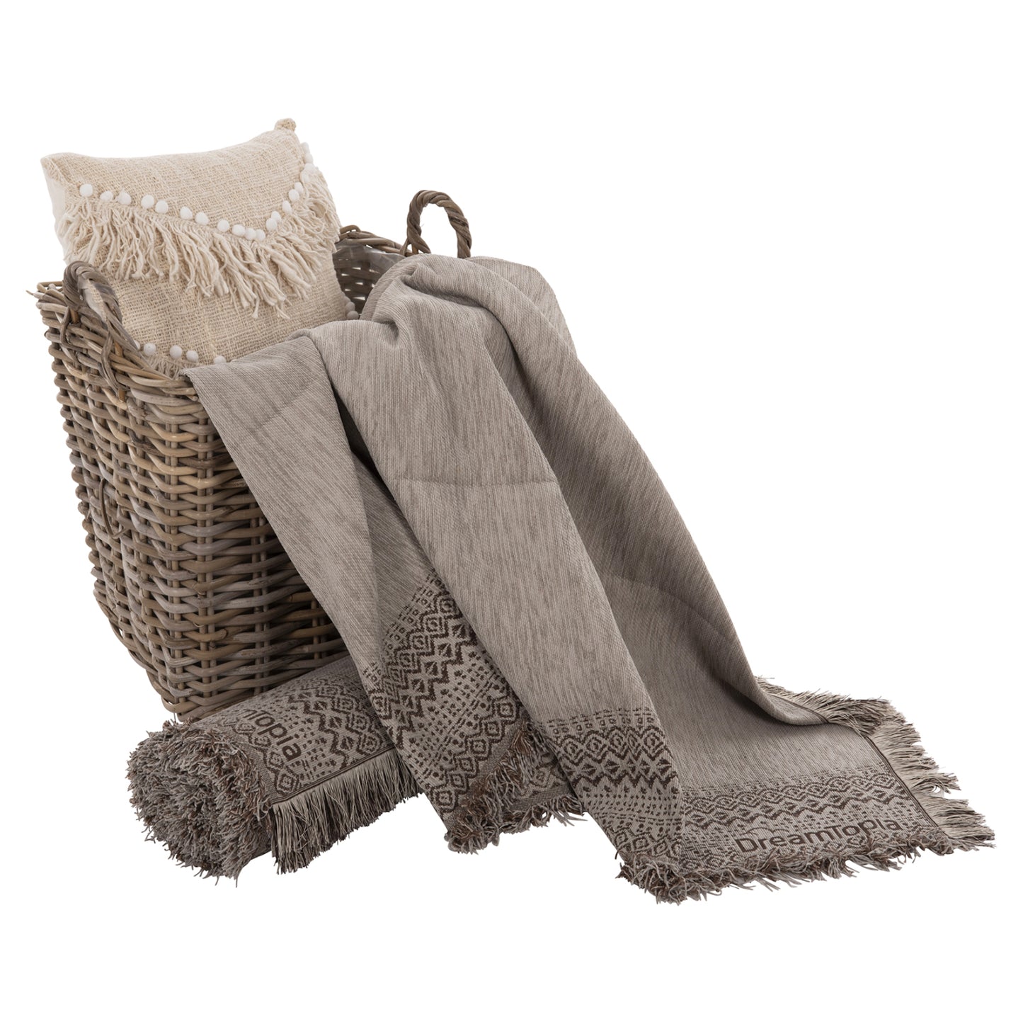 Sofa Cover-throw With Fringes Dreamtopia Hm12165.06 In Beige Color 295x170cm.