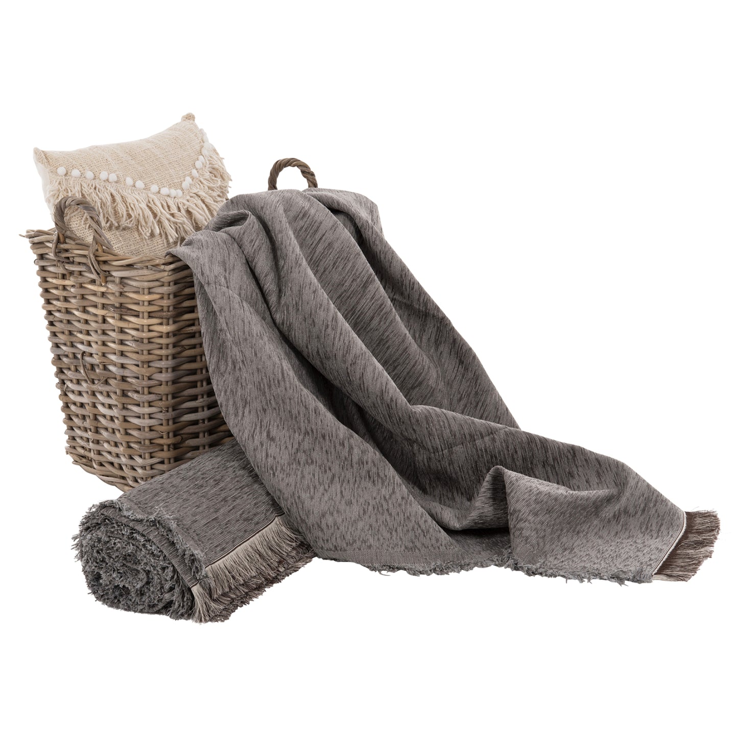 Sofa Cover-throw With Fringes Dreamtopia Hm12165.08 In Grey Color 295x170cm.