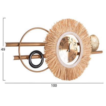 Wall Clock Hm4200 Metal & Raffia Fibers In Earth Tones 100x49hcm.
