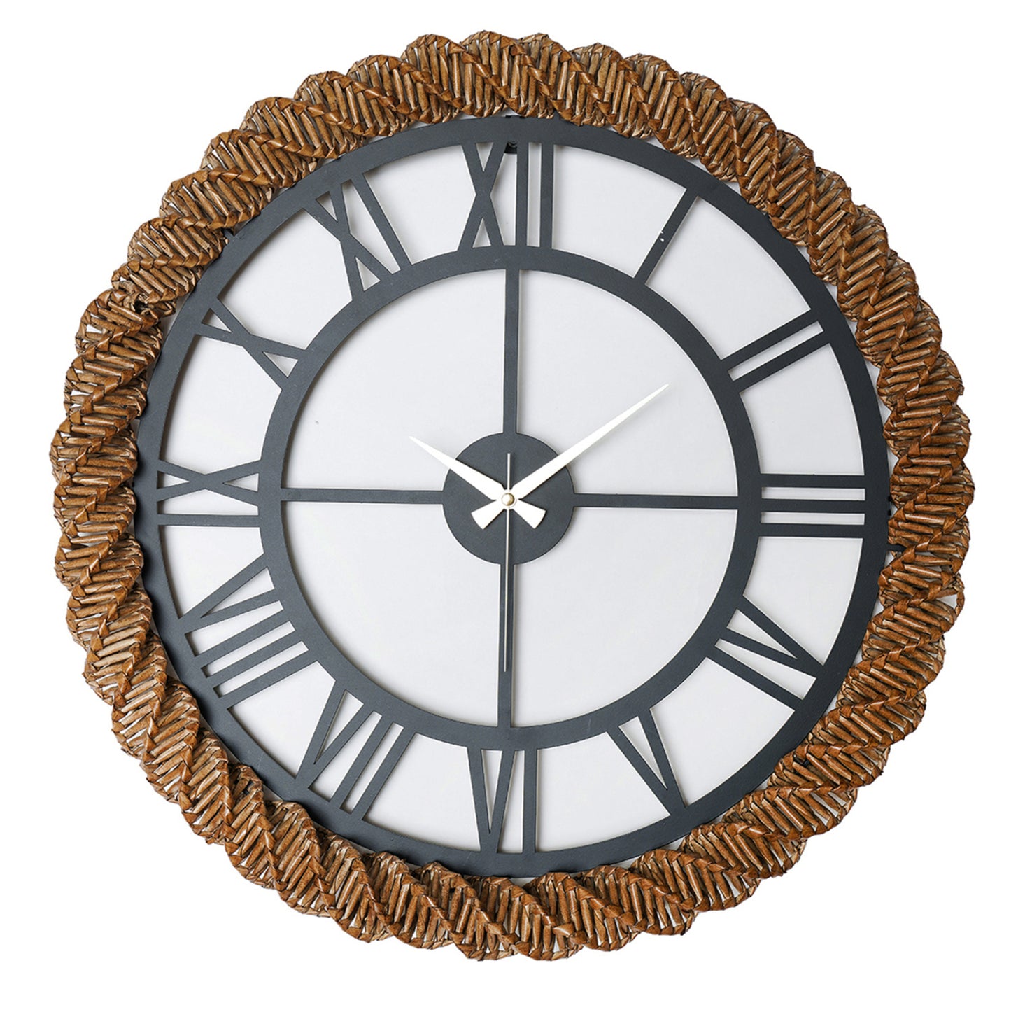 Wall Clock Round Hm4337 Dark Grey Metal-knitted Straw In Natural Φ60 Cm.