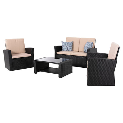 Outdoor Lounge 4pcs Set Thore Hm5978 Synthetic Rattan In Black-beige Cushions