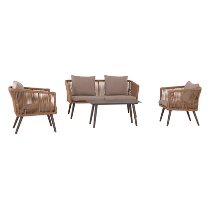 Outdoor Lounge 4pcs Set Freja Hm6057.04 Aluminum In Cappuccino-pe Rattan & Cushions In Beige