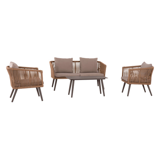 Outdoor Lounge 4pcs Set Freja Hm6057.04 Aluminum In Cappuccino-pe Rattan & Cushions In Beige