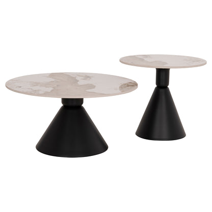 Set 2 Coffee Tables Jen Hm18305.02 Metal In Black-sintered Stone In Pandora Color Φ50cm & Φ70cm
