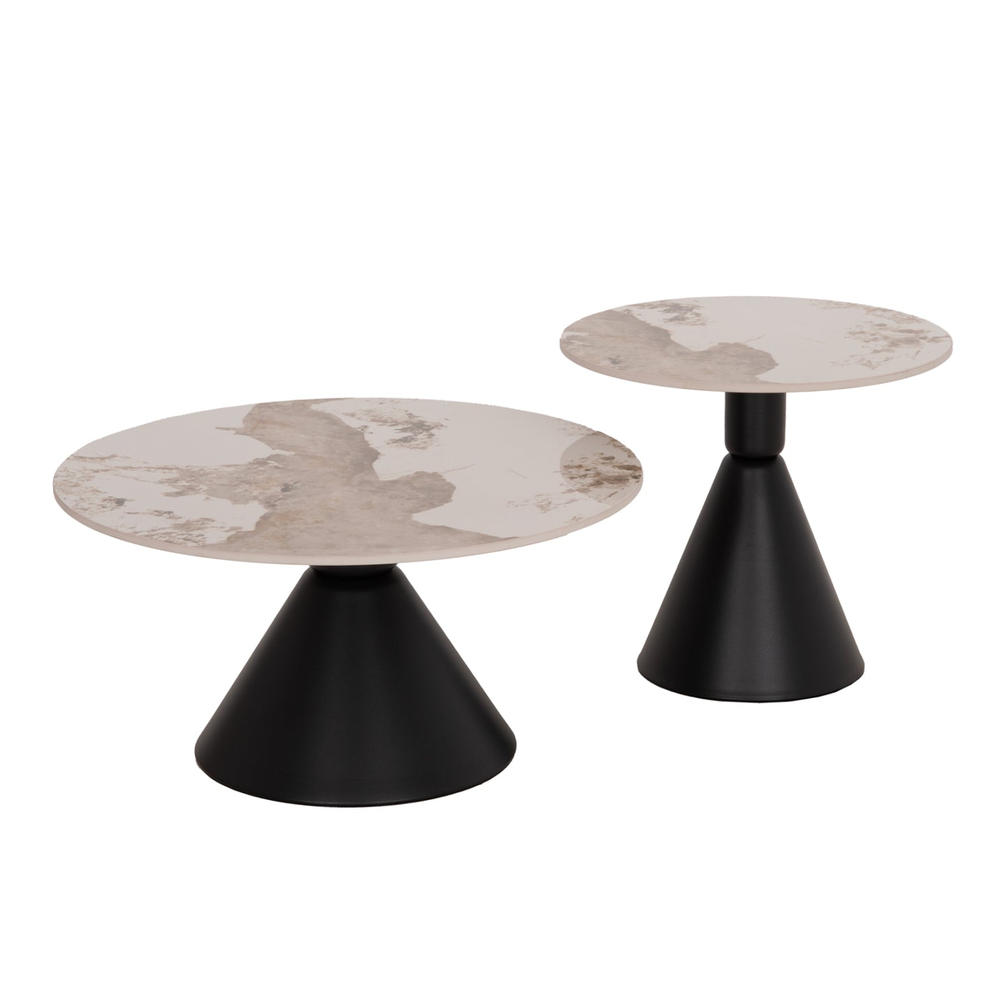 Set 2 Coffee Tables Jen Hm18305.02 Metal In Black-sintered Stone In Pandora Color Φ50cm & Φ70cm