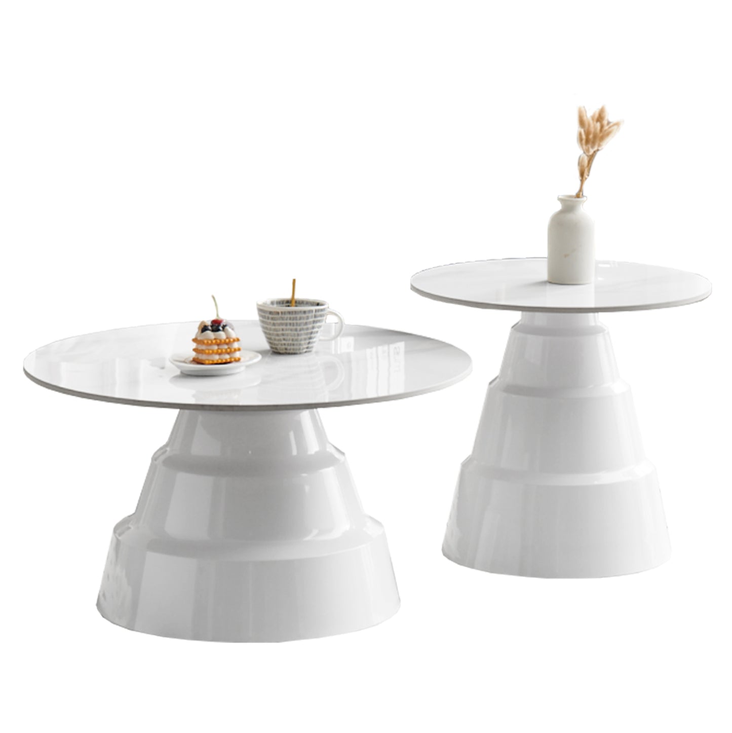 Set 2 Coffee Tables Lidox Hm18306.01 Sintered Stone Tops And Bases--white Φ50cm & Φ70cm