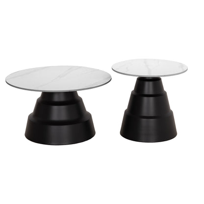 Set 2 Coffee Tables Lidox Hm18306.02 Sintered Stone Tops In Snow White Color Φ50cm & Φ70cm