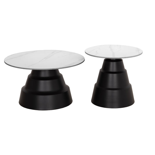 Set 2 Coffee Tables Lidox Hm18306.02 Sintered Stone Tops In Snow White Color Φ50cm & Φ70cm