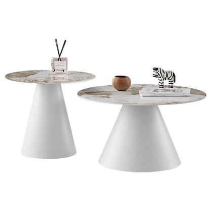 Set 2 Coffee Tables Ridge(x) Hm18307.01 Sintered Stone Tops--white Bases Φ50cm & Φ70cm