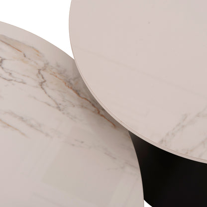 Set 2 Coffee Tables Ridge(x) Hm18307.02 Sintered Stone Tops--black Bases Φ50cm & Φ70cm