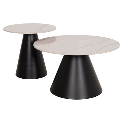 Set 2 Coffee Tables Ridge(x) Hm18307.02 Sintered Stone Tops--black Bases Φ50cm & Φ70cm