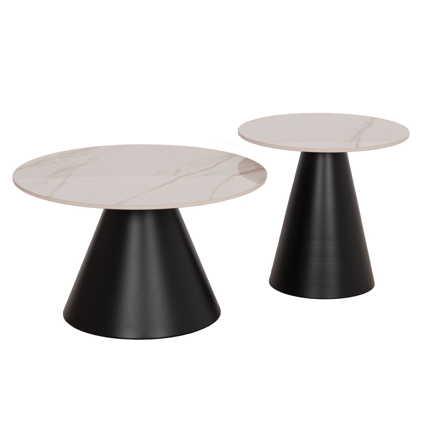 Set 2 Coffee Tables Ridge(x) Hm18307.02 Sintered Stone Tops--black Bases Φ50cm & Φ70cm