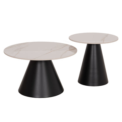 Set 2 Coffee Tables Ridge(x) Hm18307.02 Sintered Stone Tops--black Bases Φ50cm & Φ70cm