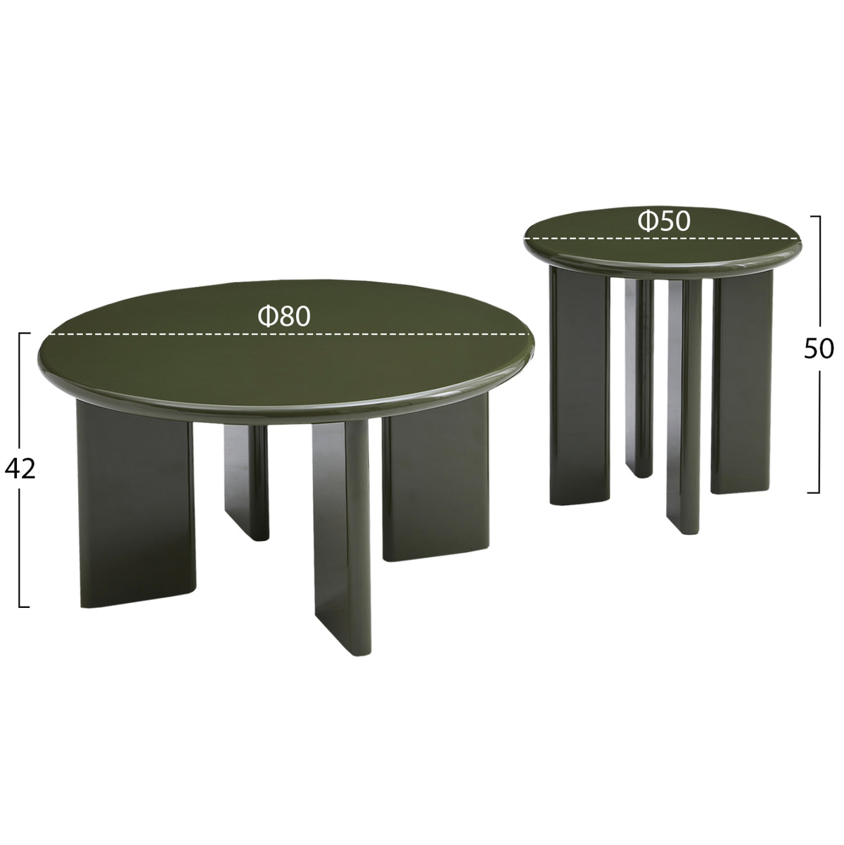Set 2 Coffee Tables Flix Hm18452.07 Mdf In Glossy Olive Green Φ80 & Φ50cm.
