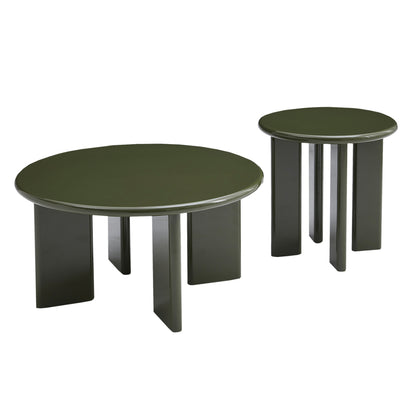 Set 2 Coffee Tables Flix Hm18452.07 Mdf In Glossy Olive Green Φ80 & Φ50cm.