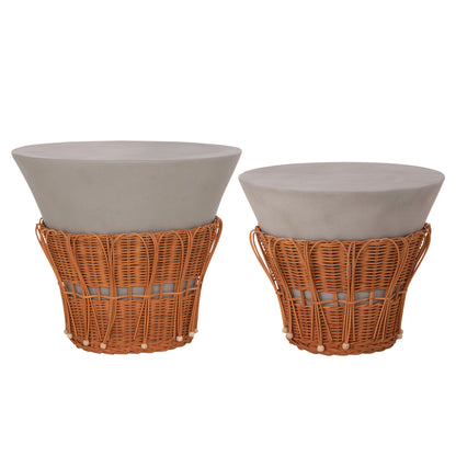 Set 2pcs Coffee Tables Perral Hm21138.03 Fiber Cement In Grey--natural Rattan Decor