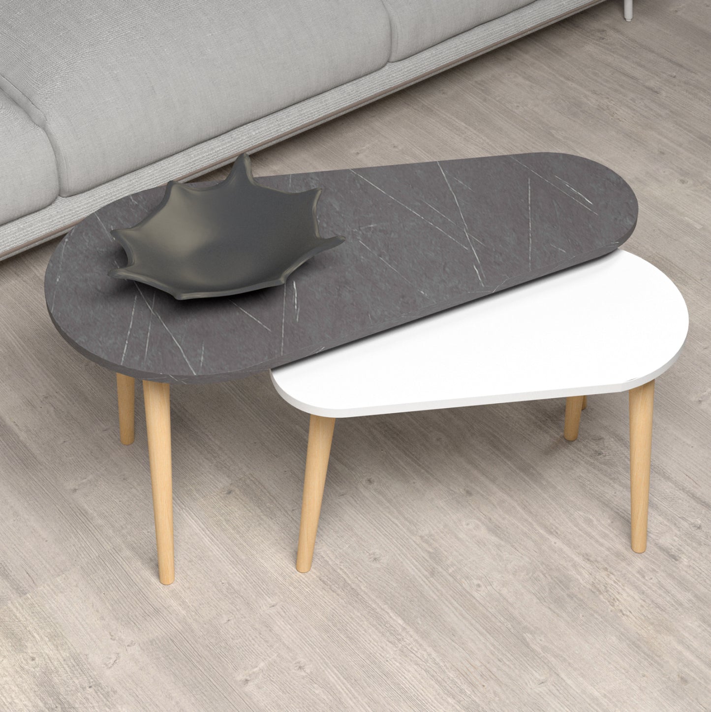 Coffee Tables 2pcs Aprilia Hm18179.01 Melamine In Anthracite & White-wooden Legs In Natural 95x47x47hcm