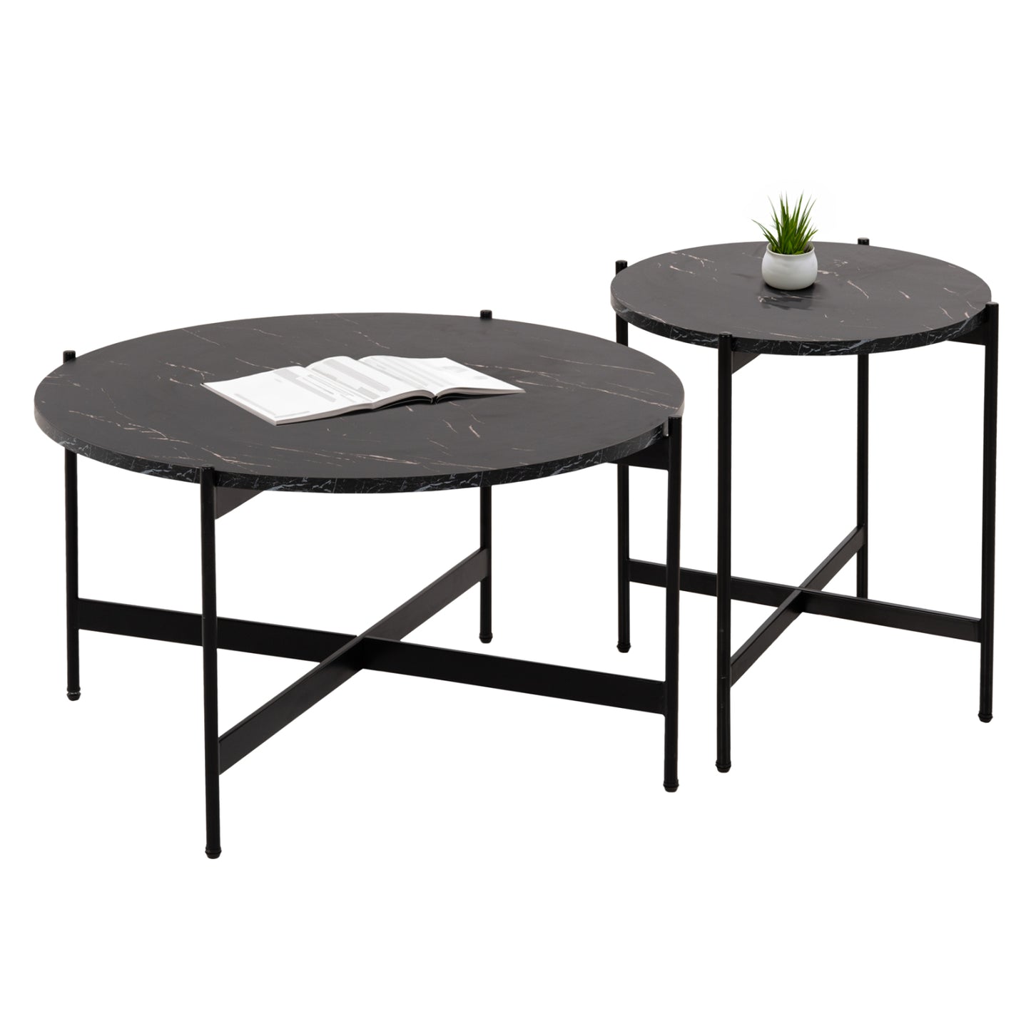 Coffee Tables 2pcs Set Ronda Hm21089 Mdf In Black Marble Color Φ80cm & Φ50cm
