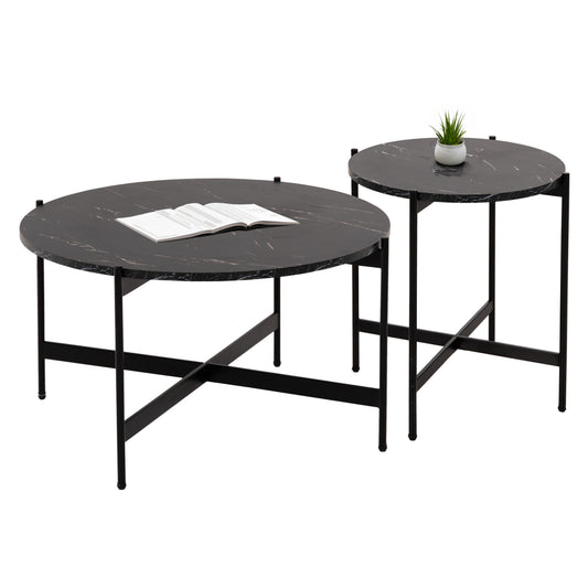 Coffee Tables 2pcs Set Ronda Hm21089 Mdf In Black Marble Color Φ80cm & Φ50cm