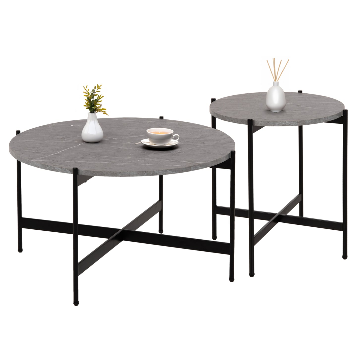 Coffee Tables 2pcs Set Ronda Hm21089.01 Mdf In Grey Marble Color Φ80cm & Φ50cm