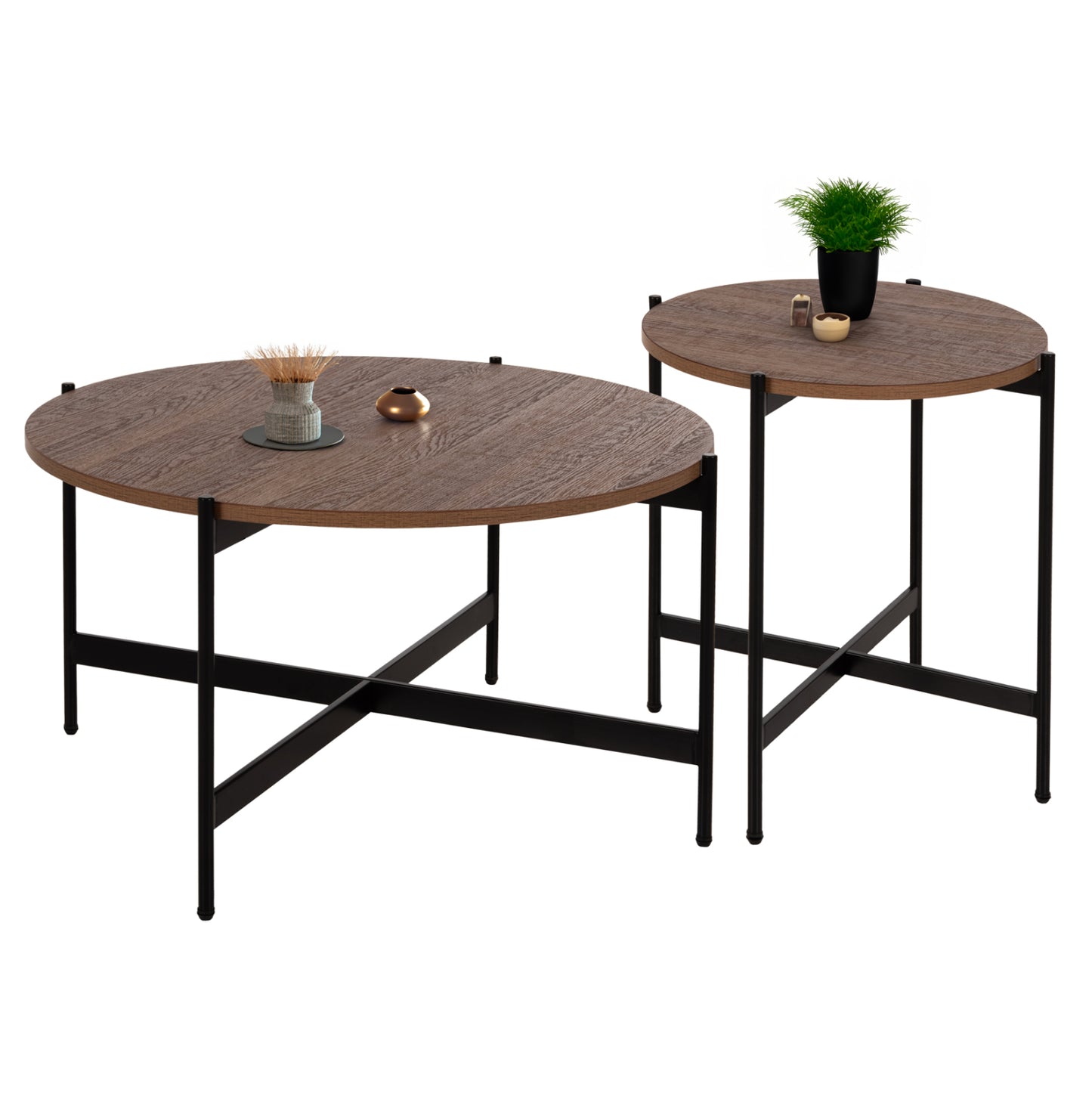 Coffee Tables 2pcs Set Ronda Hm21089.03 Mdf In Walnut Color Φ80cm & Φ50cm