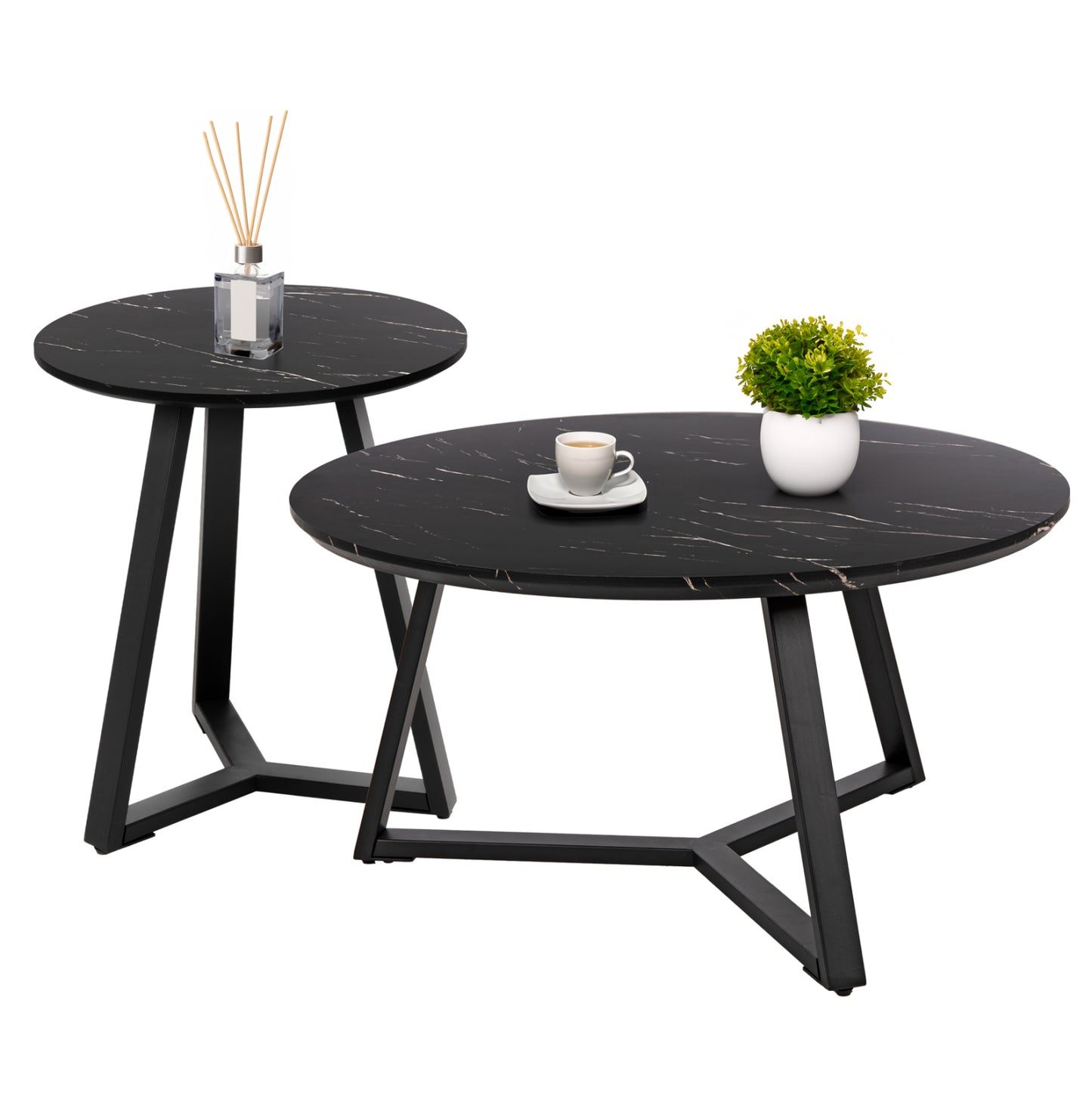 Coffee Tables 2pcs Set Rocket Hm21090 Mdf In Black Marble Color Φ80cm & Φ45cm