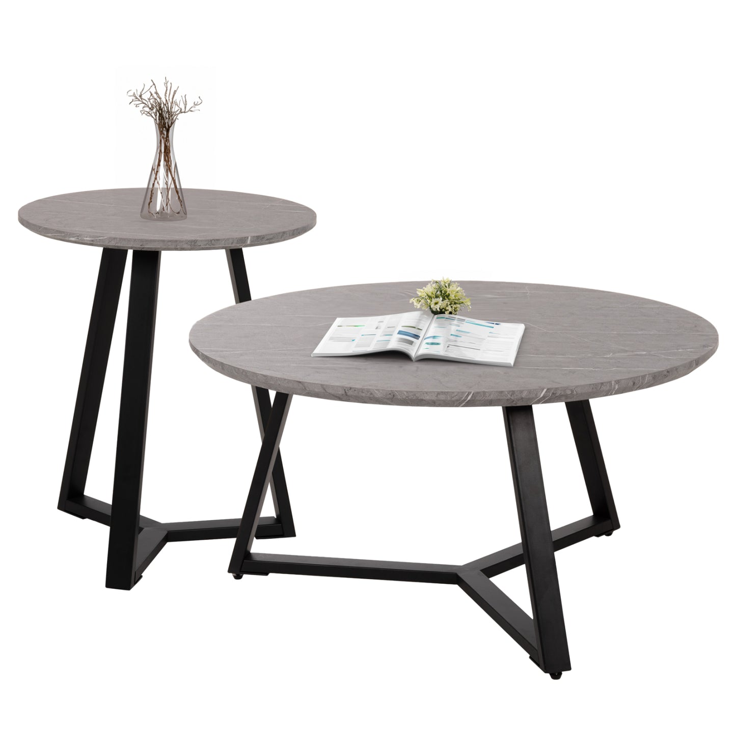 Coffee Tables 2pcs Set Rocket Hm21090.01 Mdf In Grey Marble Color Φ80cm & Φ45cm
