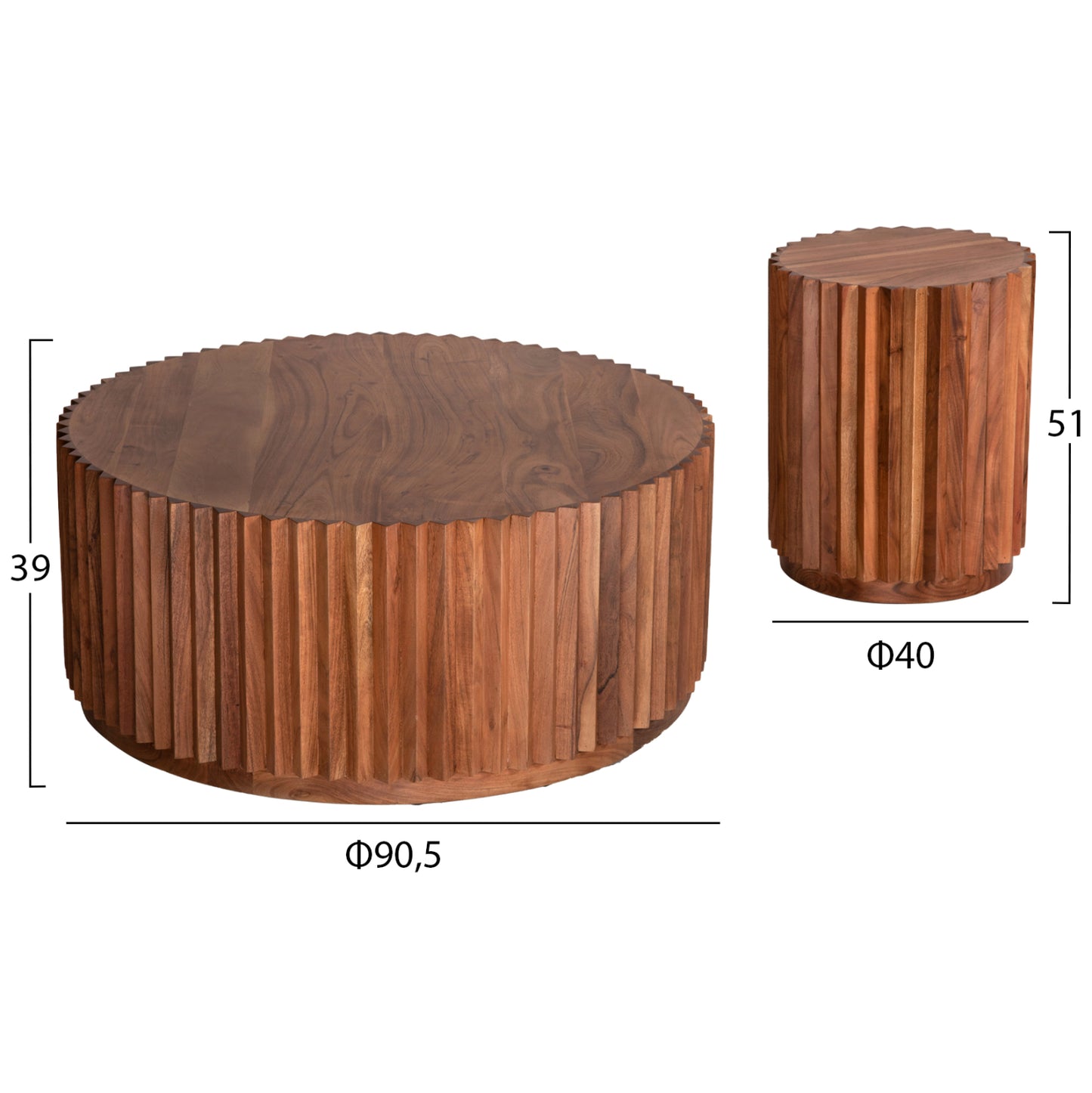 Set 2pcs Coffee Tables Round Sedge Hm11944 Solid Acacia Wood In Natural Φ90 & Φ40cm.