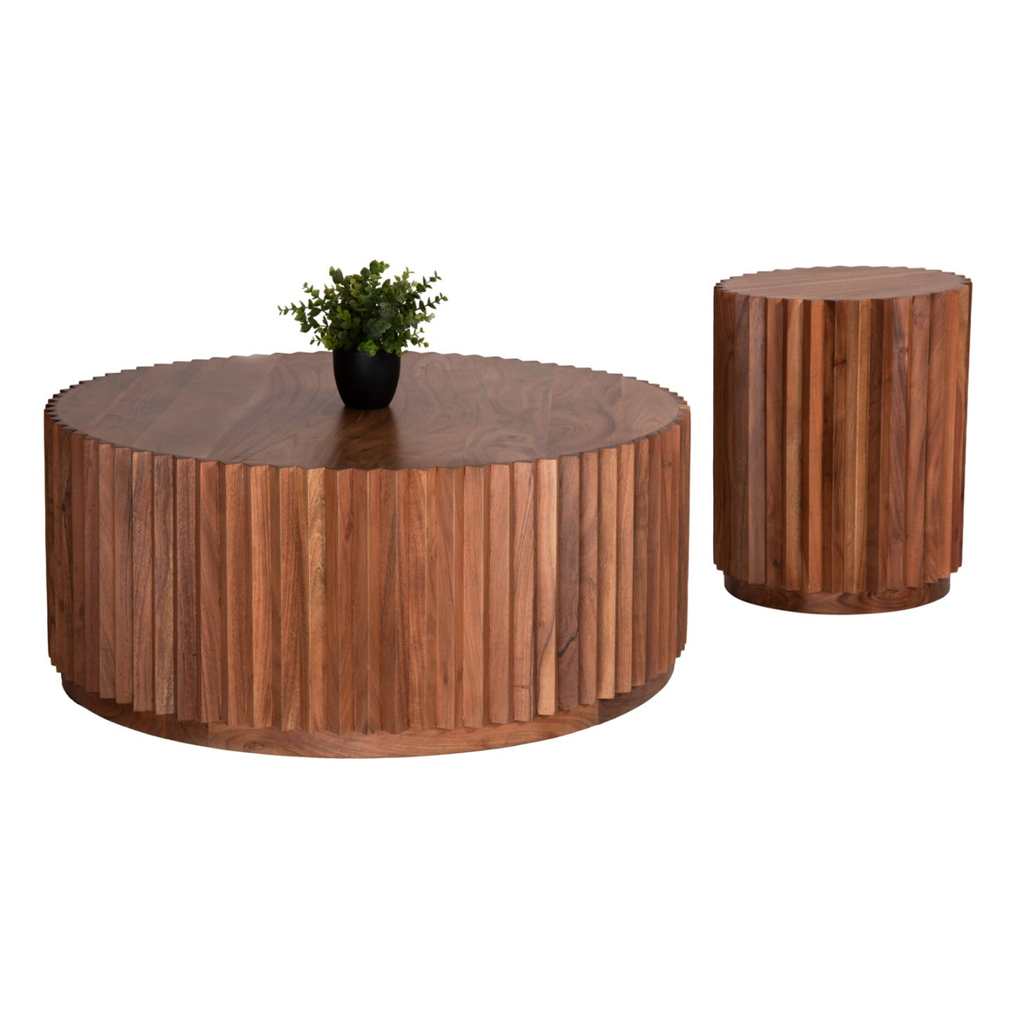 Set 2pcs Coffee Tables Round Sedge Hm11944 Solid Acacia Wood In Natural Φ90 & Φ40cm.