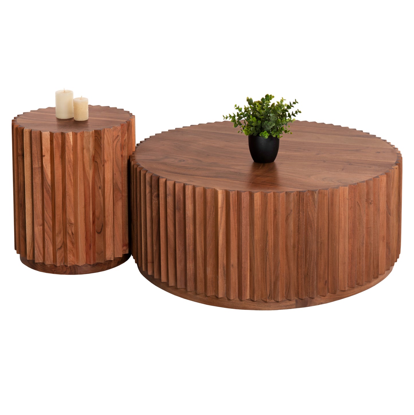 Set 2pcs Coffee Tables Round Sedge Hm11944 Solid Acacia Wood In Natural Φ90 & Φ40cm.