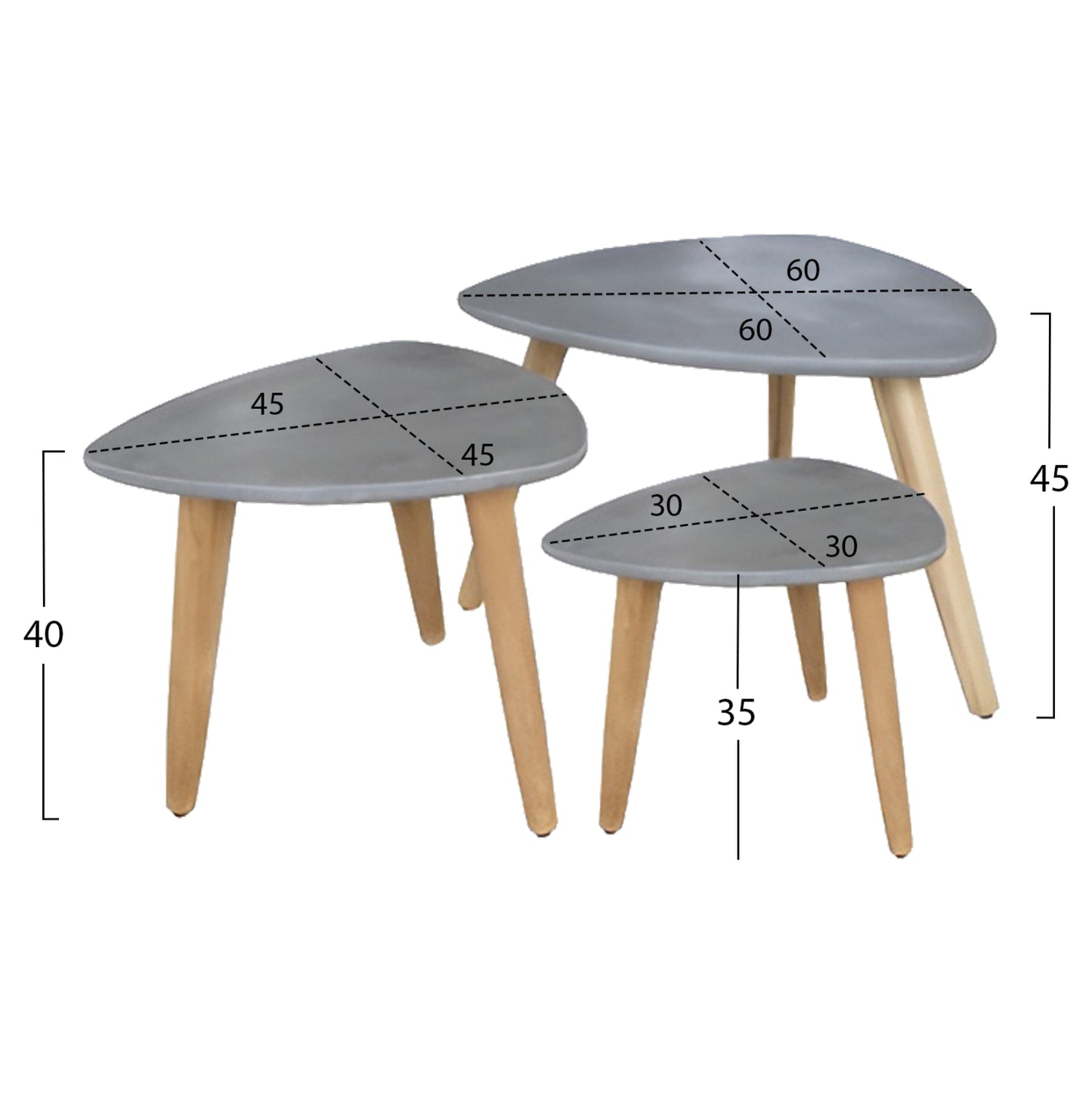 Set 3pcs Side Tables Prantis Hm10734.01 Fiber Cement In Grey--acacia Wood Legs