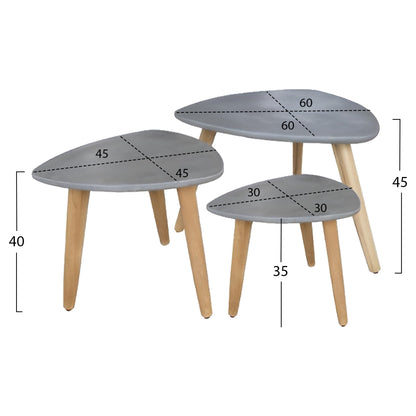 Set 3pcs Side Tables Prantis Hm10734.01 Fiber Cement In Grey--acacia Wood Legs
