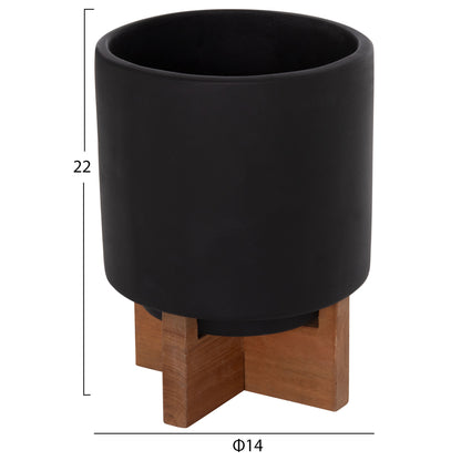 Set 3 Pots/vases With Teak Bases Tanti Hm4685.01 Fiber Cement In Black