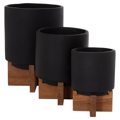 Set 3 Pots/vases With Teak Bases Tanti Hm4685.01 Fiber Cement In Black