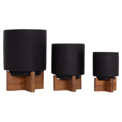 Set 3 Pots/vases With Teak Bases Tanti Hm4685.01 Fiber Cement In Black