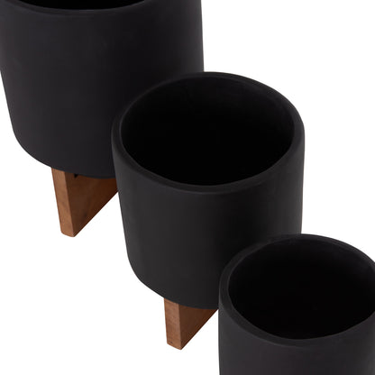 Set 3 Pots/vases With Teak Bases Tanti Hm4685.01 Fiber Cement In Black