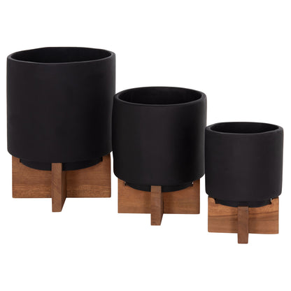 Set 3 Pots/vases With Teak Bases Tanti Hm4685.01 Fiber Cement In Black