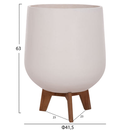 Set 3 Pots/vases With Teak Bases Tryll Hm4681.02 Fiber Cement In White
