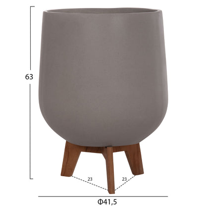 Set 3 Pots/vases With Teak Bases Tryll Hm4681.03 Fiber Cement In Grey