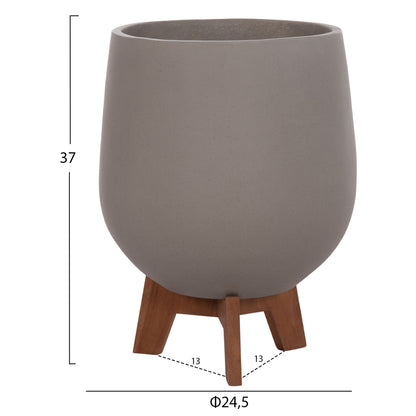 Set 3 Pots/vases With Teak Bases Tryll Hm4681.03 Fiber Cement In Grey